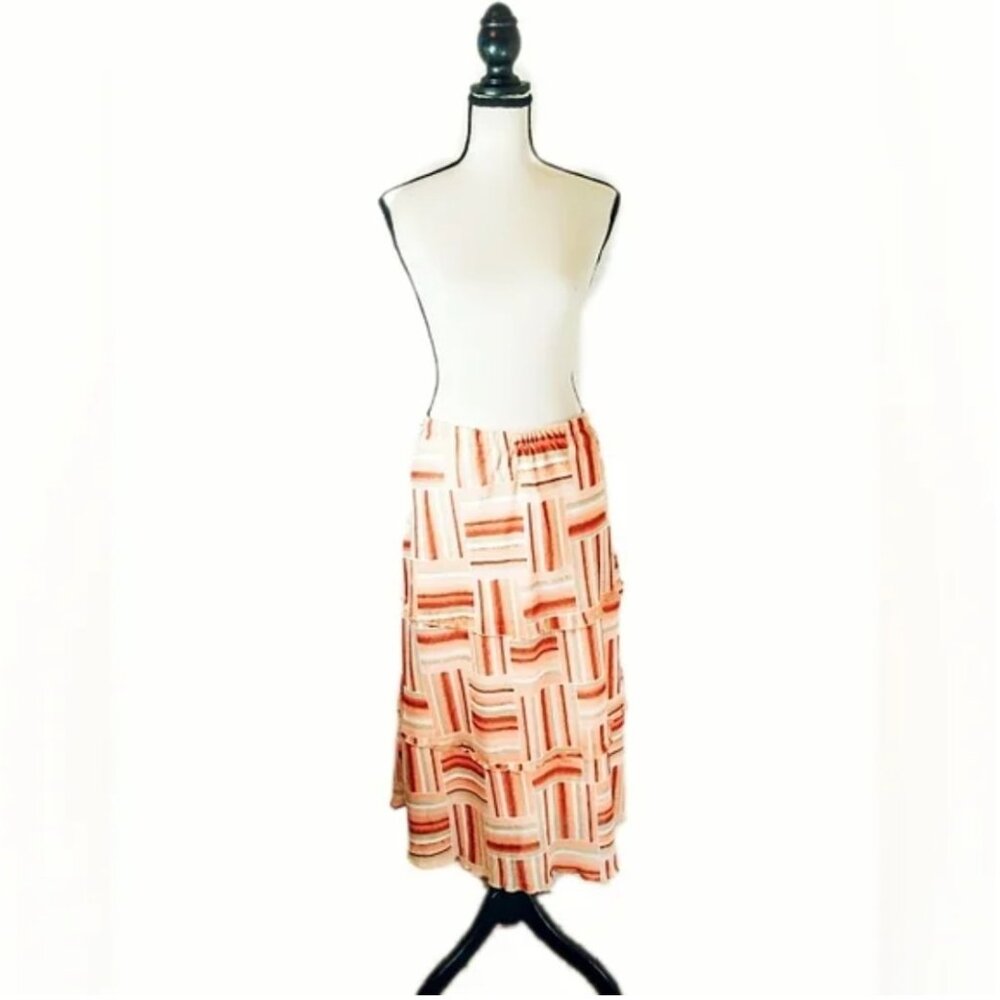 Vintage 90s BonWorth Flirty Peach Patvhwork Print Midi Skirt Size M - Picture 2 of 5